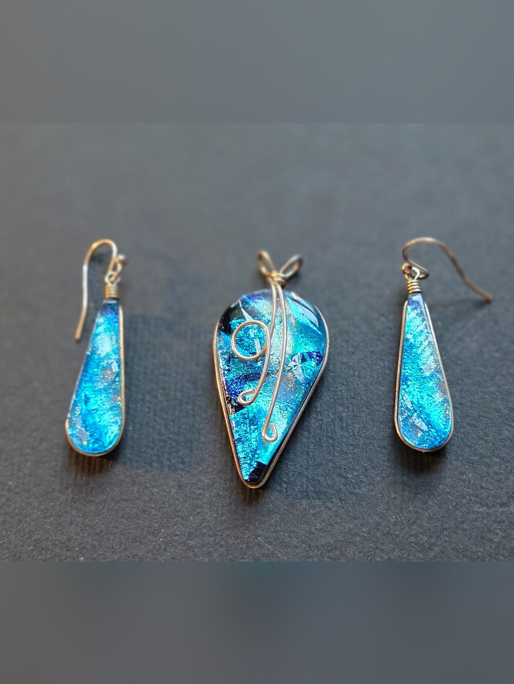 Handcrafted Blue Dichroic Glass Teardrop Pendant Necklace and Earrings